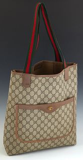 Gucci Web Tall Tote Bag, in supreme brown and beige monogram coated canvas with red and green canvas handles, opening to a brown canvas lined interior