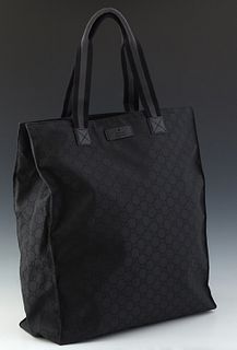 Gucci Large Shopping Tote, in black monogrammed nylon canvas with black and grey canvas handles, opening to a black nylon lined interior with a side z