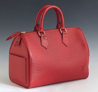Louis Vuitton Speedy 25 Handbag, in red epi calf leather with golden brass hardware, opening to a red unfinished leather interior with a black canvas 
