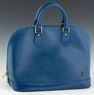 Louis Vuitton Handbag, in blue epi calf leather with golden brass hardware, opening to a blue suede lined interior with a side open pocket, H.- 9 1/2 