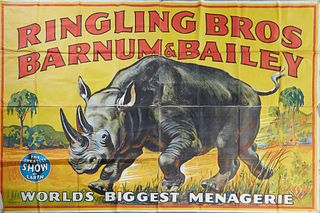 Bill Bailey, Ringling Brothers Barnum & Bailey "World's Biggest Menagerie" Charging Rhino Canvas Linen Banner, c. 1947, “Ringling Bros Barnum & Bailey
