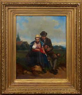 Adolf Dillens (1821-1877, Belgian), "Family," 19th c., oil on canvas, signed lower right, presented in a gilt frame, signature carved en verso, H.- 21