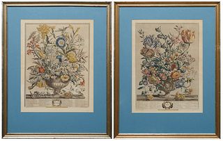 Henry Fletcher (18th c., British), "April," and "September," pair of floral calendar engravings, from "Twelve Months of Flowers," published by Robert 