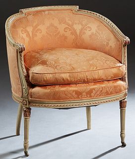 French Polychromed Carved Beech Louis XVI Style Bergere, 20th c., the stepped curved back to scrolled arms, flanking a bowed removable cushion seat, o