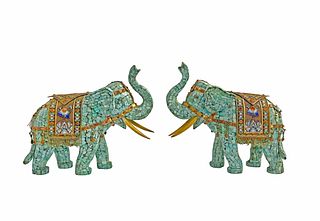 A Pair Of Gilt Silver Tessellated Turquoise Elephants