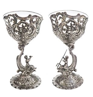 A Pair of German Silver & Crystal Figural Bowls, 19th C