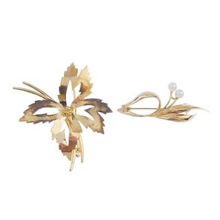 Two mid 20th century 9ct gold foliate brooches. To include an openwork leaf brooch, together with a