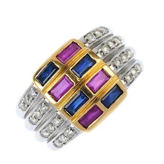 A ruby, sapphire and diamond dress ring. Designed as two alternating rectangular-shape sapphire and