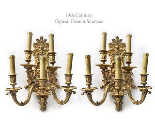 19th C. Pair of French Figural Bronze Sconces