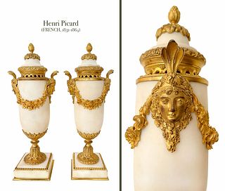 A Pair of Henri Picard Gilt Bronze Marble Lidded Urns