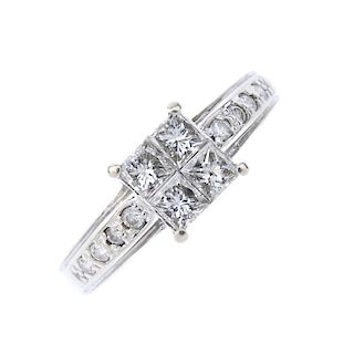 An 18ct gold diamond dress ring. The square-shape diamond cluster, to the brilliant-cut diamond line