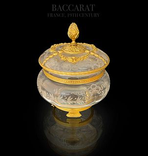 19th C Baccarat Engraved Crystal Dore Bronze Casket Box