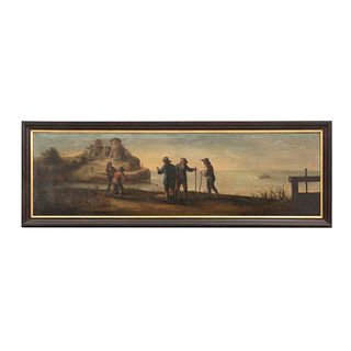 ANÃ“NIMO. Finales del siglo XIX. Ã“leo sobre tela. Enmarcado. Pescadores. 44 x 151 cm