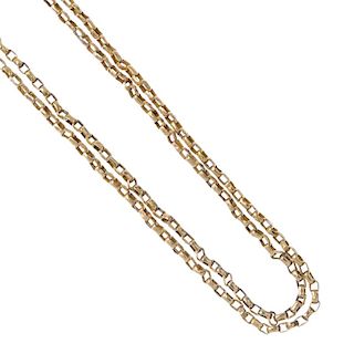 An early 20th century 9ct gold belcher link longuard chain. The belcher-links, to the lobster clasp.