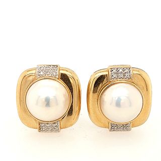 14K Yellow Gold Mabe Pearl and Diamond Earrings 
