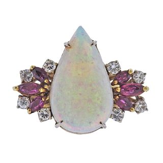 Vintage 18k Gold Diamond Opal Ruby Cocktail Ring