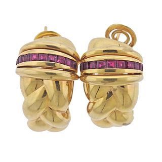 18k Gold Ruby Half Hoop Earrings