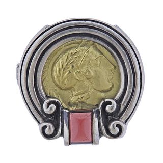 18k Gold Sterling Silver Garnet Coin Pendant