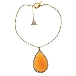 Mishara 131ct Fire Opal Diamond 18k Gold Necklace 