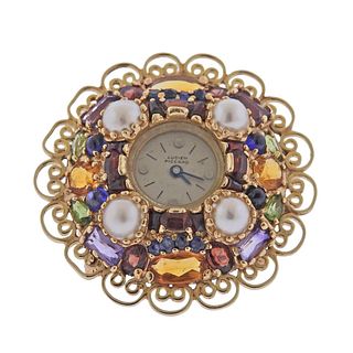 Lucien Piccard Gold Gem Watch Brooch Travel Clock