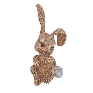 Ruser 14k Gold Ruby Pearl Bunny Rabbit Brooch