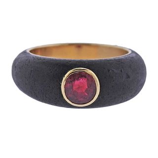 French 18k Gold Ruby Wood Ring