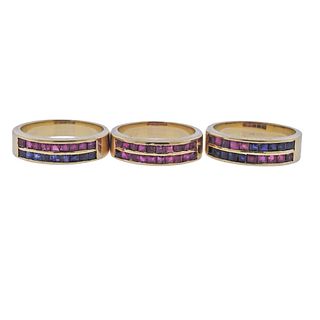 18k Gold Sapphire Ruby Stackable Ring Set of 3
