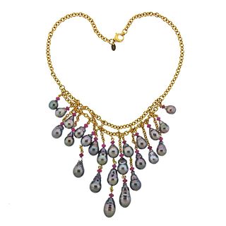 Prince Dimitri Tahitian Pearl Ruby 18k Gold Necklace 