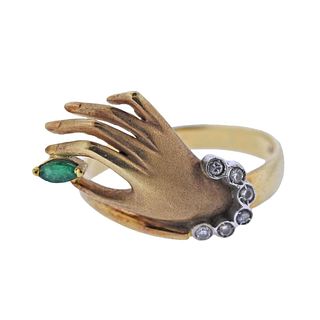 18k Gold Emerald Diamond Hand Ring