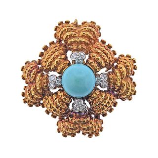 1960s 18k Gold Turquoise Diamond Pendant Brooch 