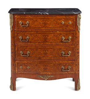 A Louis XV/XVI Transitional Style Gilt Bronze Mounted Marquetry Chest of Drawers