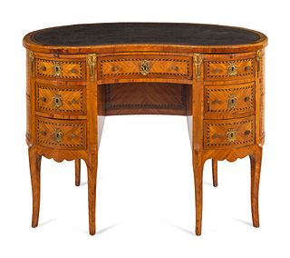 A Louis XV/XVI Transitional Style Kingwood and Parquetry Leather-Inset Reniform Bureau