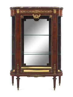 A Louis XVI Style Gilt Bronze Mounted Kingwood Veneered Marble-Top Vitrine Cabinet