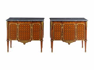 A Pair of Louis XVI Style Gilt Bronze Mounted Marquetry and Parquetry Marble-Top Commodes