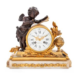 A Louis XVI Style Gilt and Patinated Bronze and Marble Mantel Clock