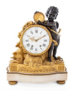 A Louis XVI Style Gilt and Patinated Bronze and Marble Clock