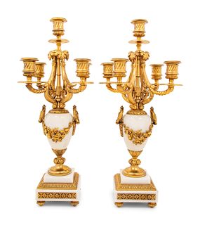 A Pair of Louis XVI Style Marble and Gilt Bronze Five-Light Candelabra