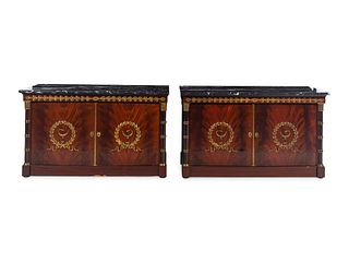 A Pair of Empire Style Gilt Bronze Mounted Mahogany Marble-Top Cabinets