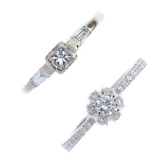 Two diamond dress rings. To include an 18ct gold square-shape diamond ring, with tapered baguette-cu