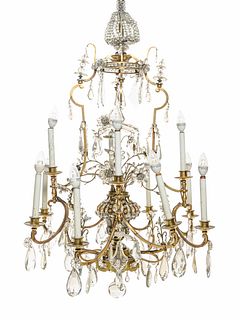 A Pair of French Gilt Bronze and Glass-Beaded Twelve-Light Chandeliers