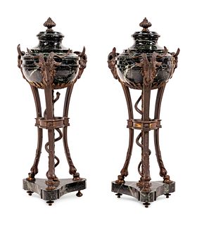 A Pair of Large Gilt Bronze and Marble Cassolettes