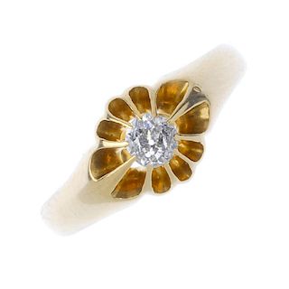 An early 20th century 18ct gold diamond ring. The old-cut diamond, to the plain band. Estimated diam