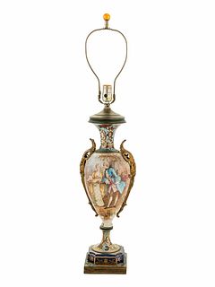 A Gilt Bronze Mounted Sevres Style Porcelain and Champleve Urn Mounted as a Lamp