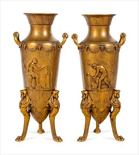 A Pair of French Gilt Bronze Tripod Vases