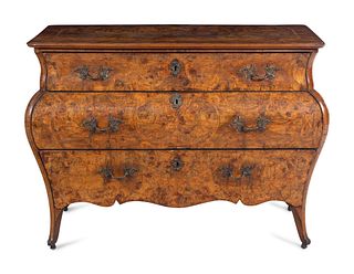 A Venetian Rococo Marquetry and Burl Radica Bombe Commode
