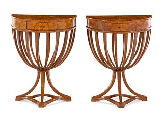 A Pair of Italian Neoclassical Style Burlwood Console Tables