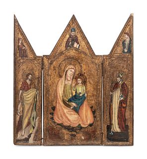 A Continental Painted and Parcel Gilt Triptych