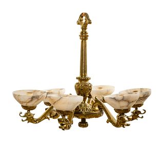 A Pair of Gilt Bronze and Alabaster Six-Light Chandeliers