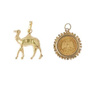 Two gold pendants. To include, a textured camel pendant, together with a 9ct gold coin pendant, date