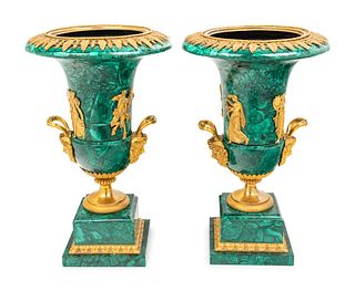 A Pair of Gilt Bronze Mounted Malachite Urns